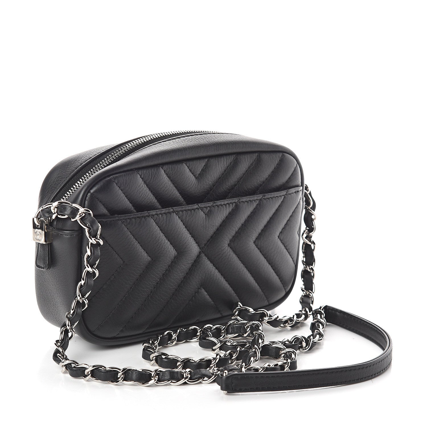 Chanel Calfskin Diagonal Chevron Quilted Tassel Camera Case Black 2 of 9