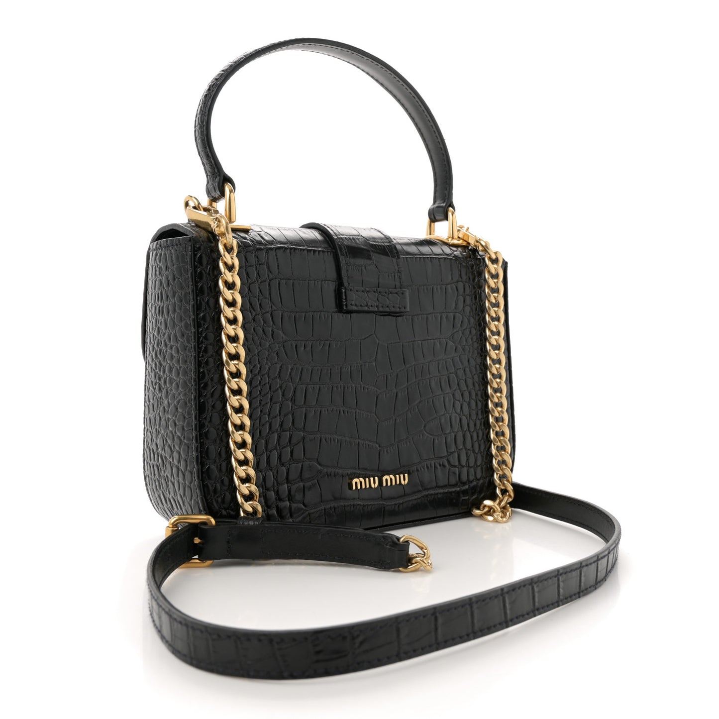 Crocodile Print Calfskin Top Handle Bag Black