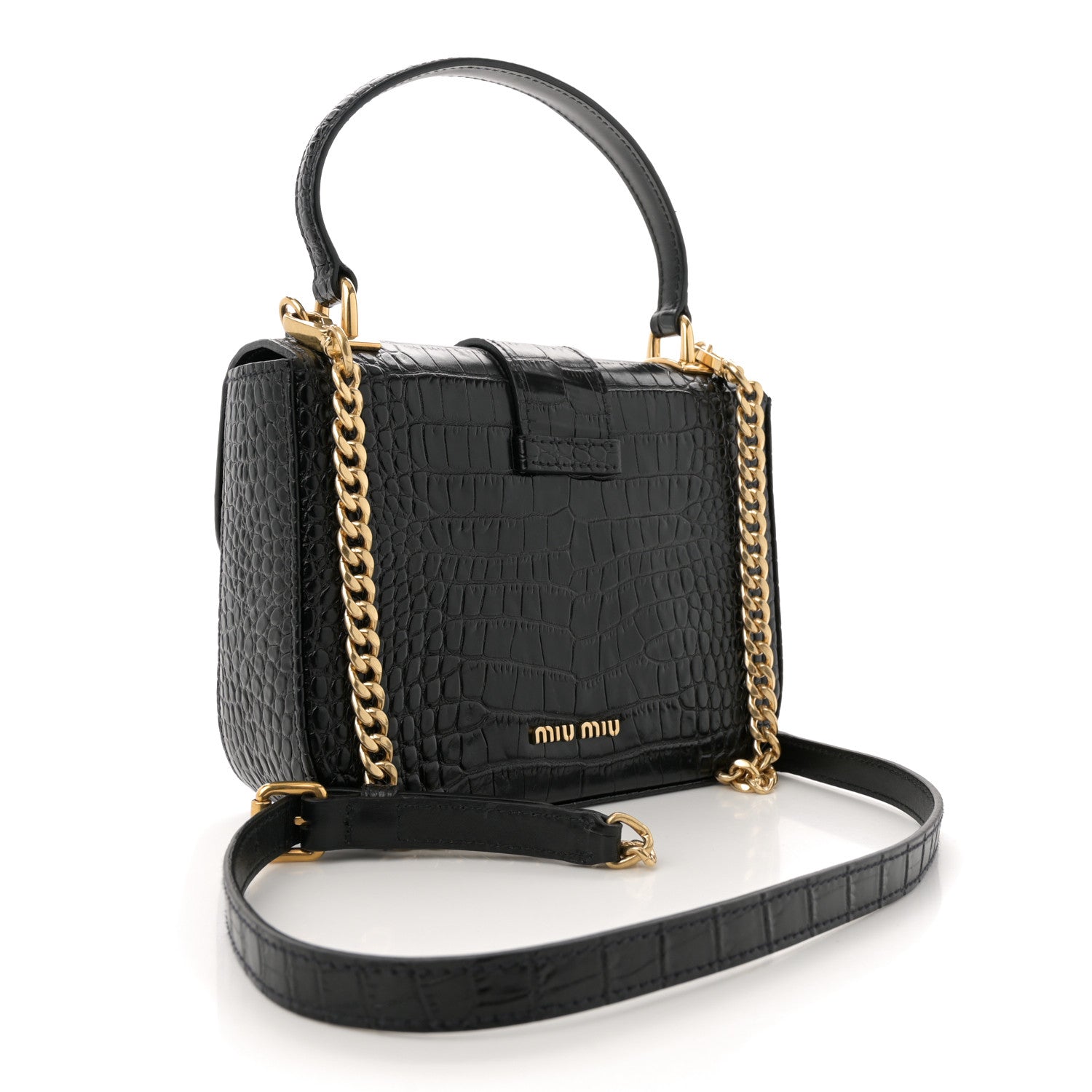 Miu Miu Crocodile Print Calfskin Top Handle Bag Black 3 of 10