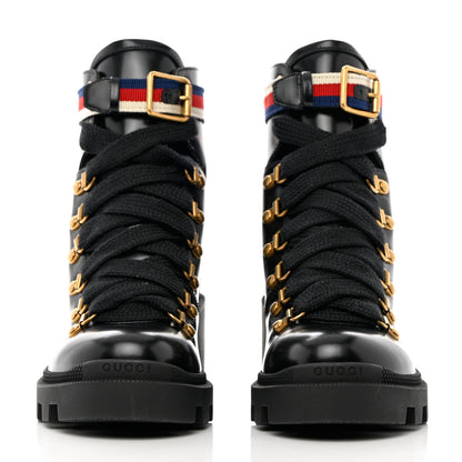 Gucci Calfskin Sylvie Web Womens Lace Up Combat Boots 37.5 Black 2 of 12