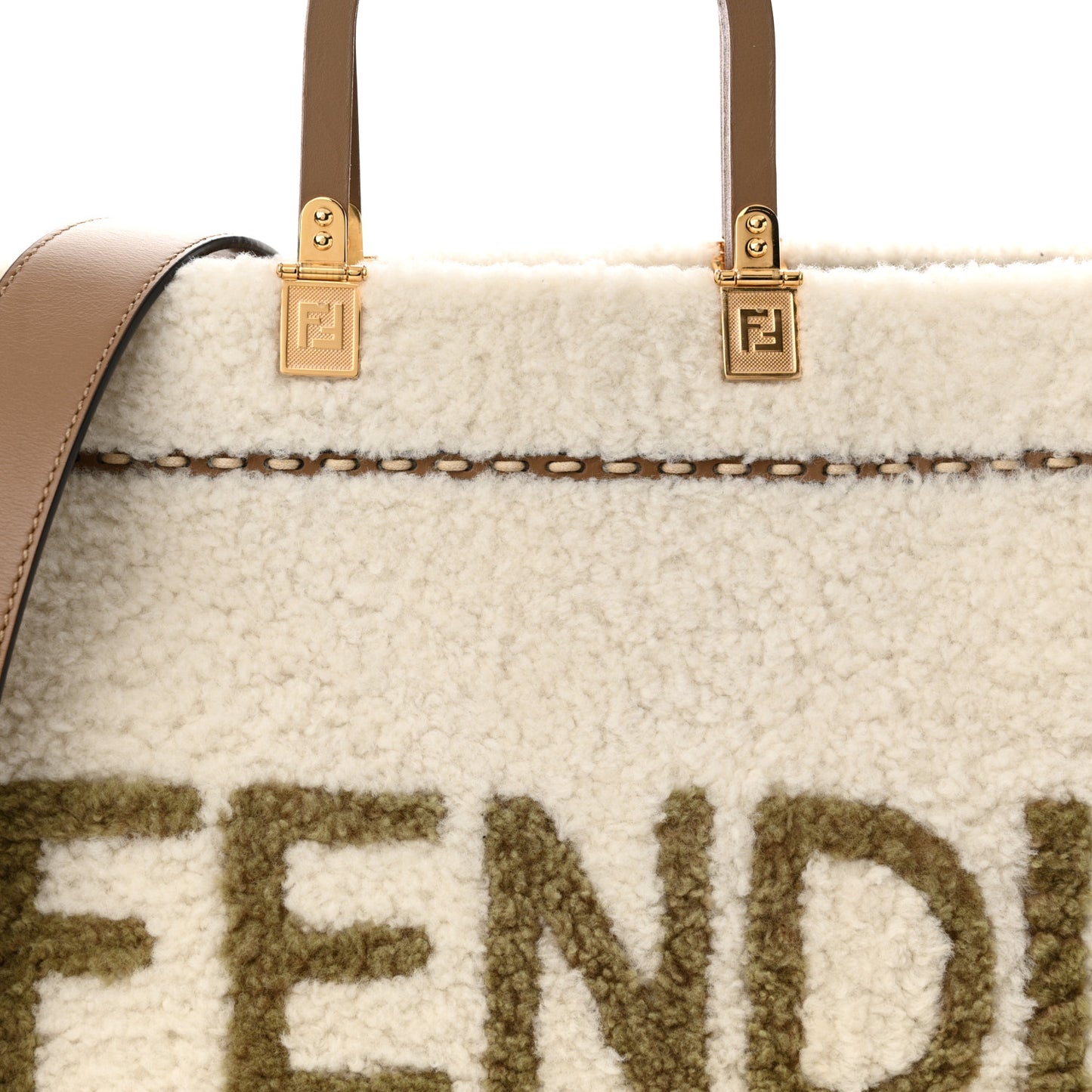 Shearling Vitello King Logo Medium Fendi Sunshine Shopper Tote White