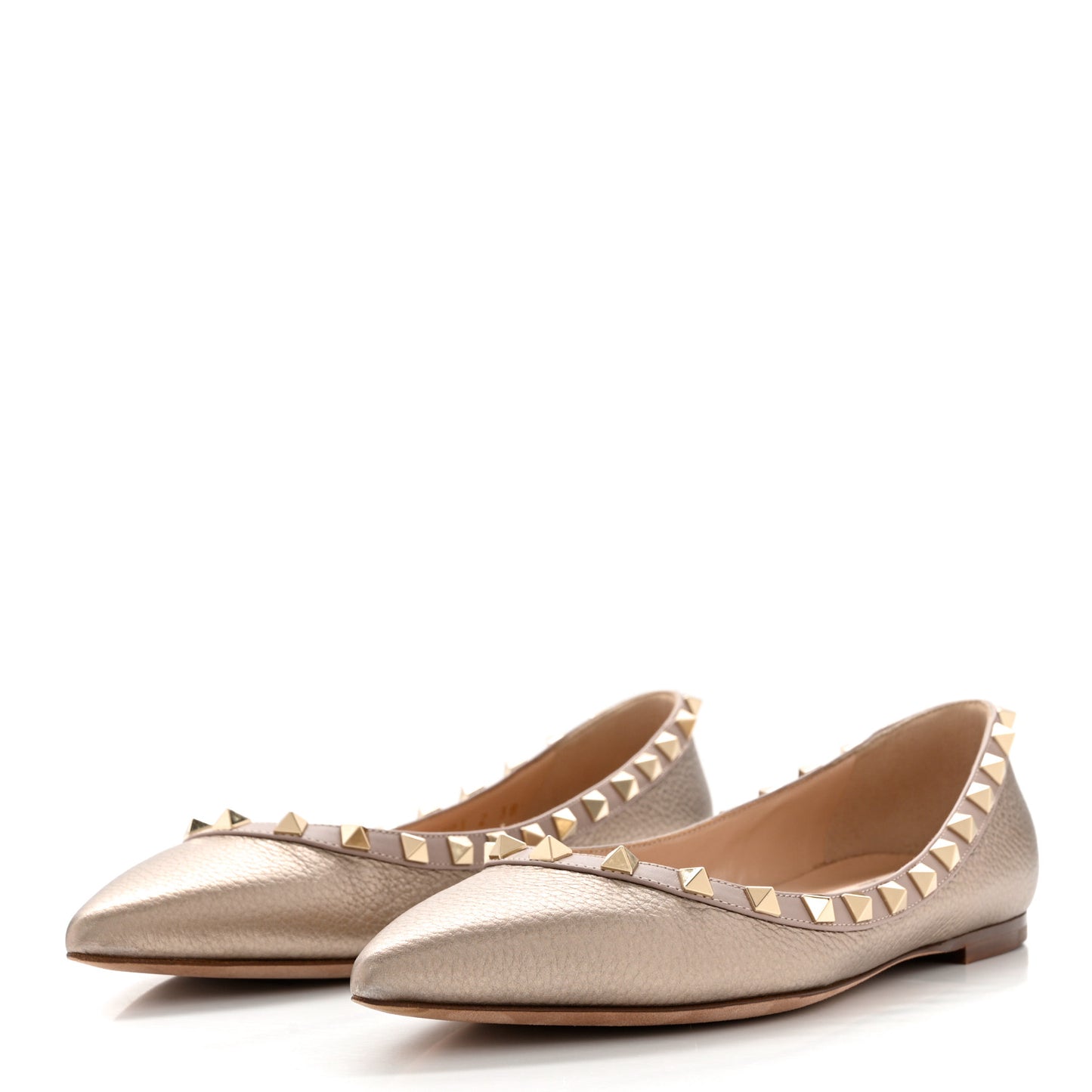 Metallic Pebbled Calfskin Rockstud Ballerina Flats 38 Sasso Poudre