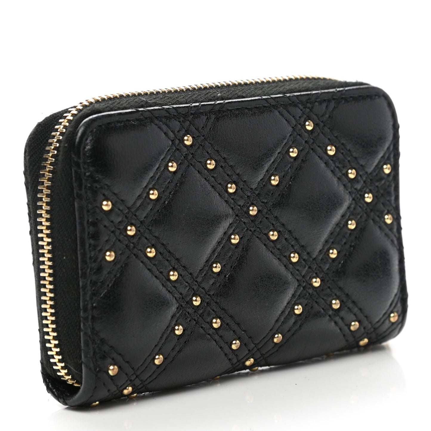 Lambskin Studded Quilted Compact Zip Around Wallet Black