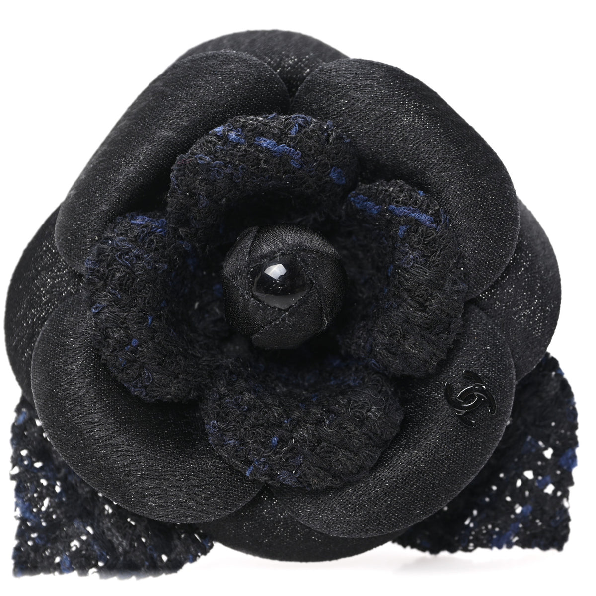 Tweed Camellia Pin Brooch Black