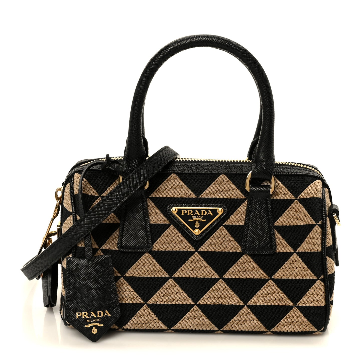 Jacquard Saffiano Triangolo Symbole Embroidered Top Handle Crossbody Bag Black Corda