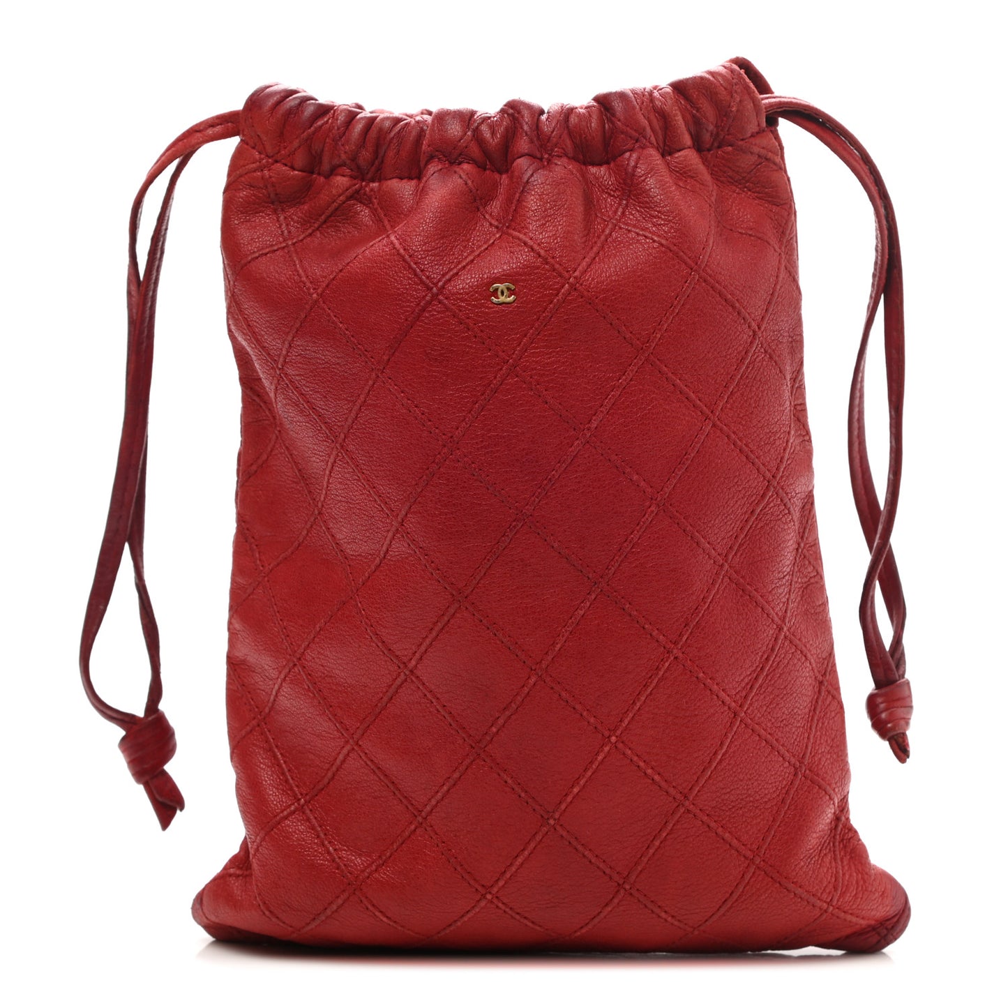 Lambskin Stitched Drawstring Pouch Bag Red