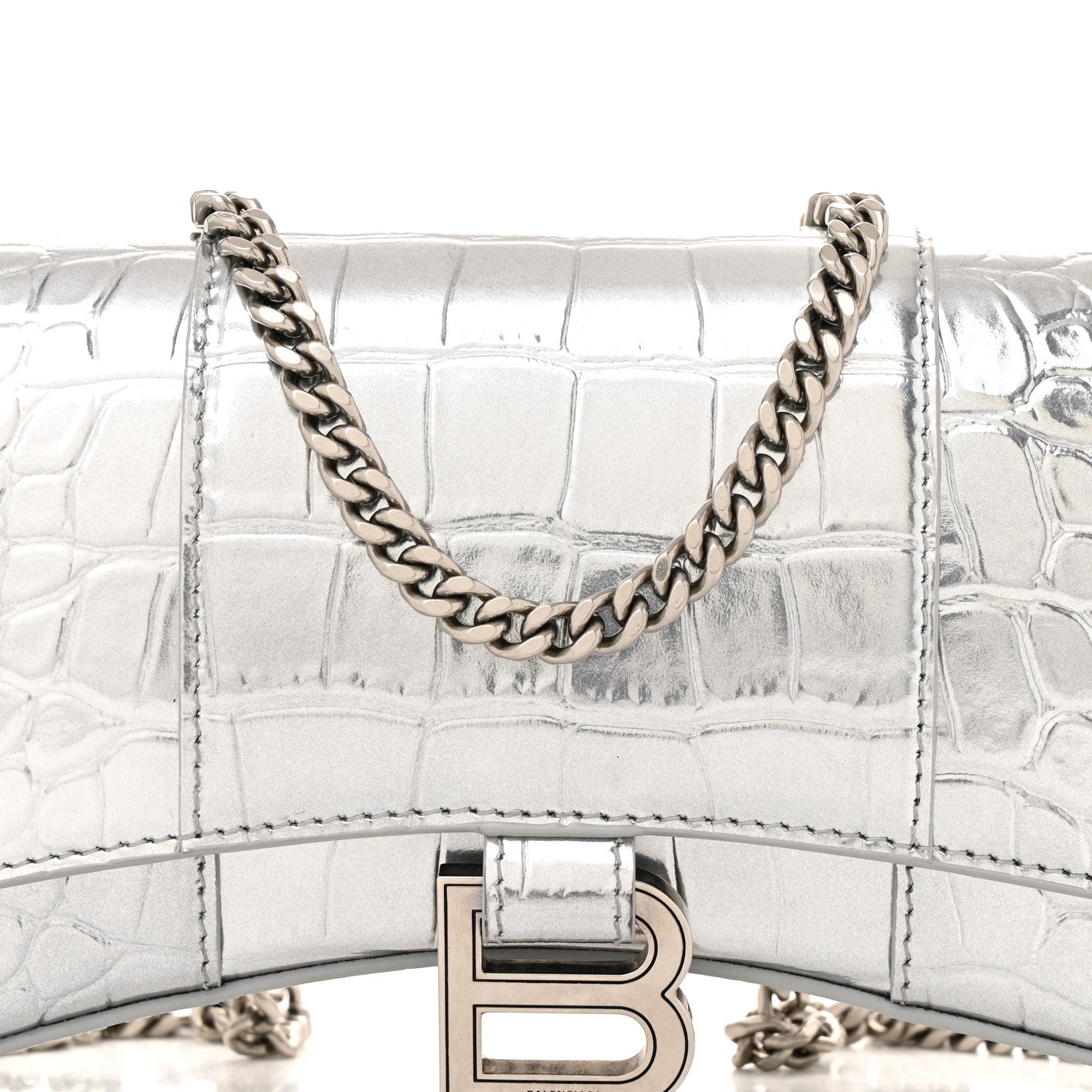 Balenciaga Metallic Calfskin Crocodile Embossed Hourglass Chain Bag Silver 7 of 13