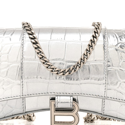 Balenciaga Metallic Calfskin Crocodile Embossed Hourglass Chain Bag Silver 7 of 13