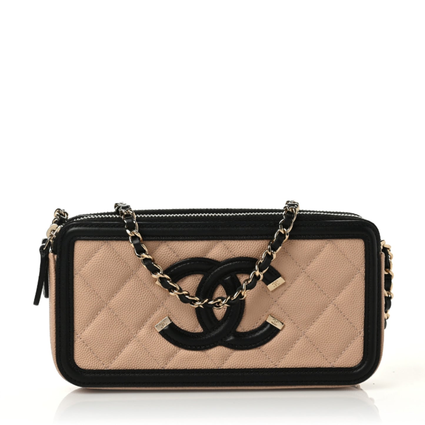 Caviar Quilted CC Filigree Clutch With Chain Beige Black