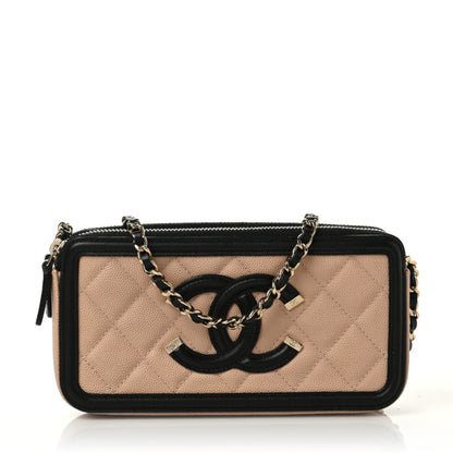 Chanel Caviar Quilted CC Filigree Clutch With Chain Beige Black 1 of 10