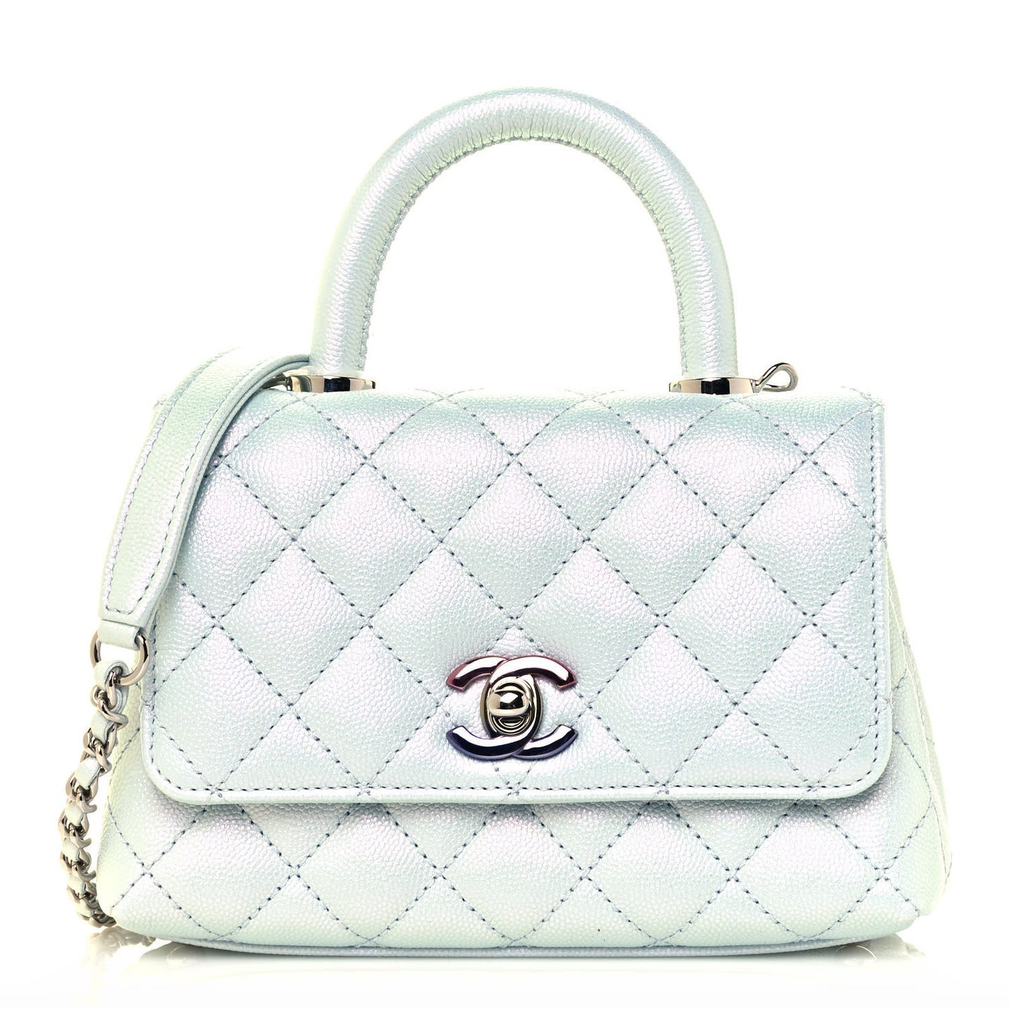 Iridescent Caviar Quilted Extra Mini Coco Handle Flap Light Blue