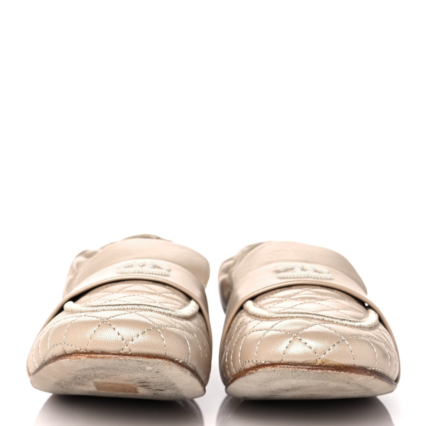 Laminated Lambskin Womens Quilted Elastic CC Moccasin Loafers 41.5 Beige