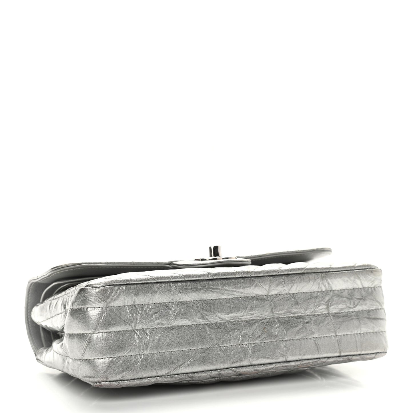 Metallic Crumpled Calfskin Chevron Quilted Mini Rectangular Flap Silver