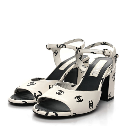 Chanel Printed Lambskin CC Sandals 39.5 White Black 3 of 9