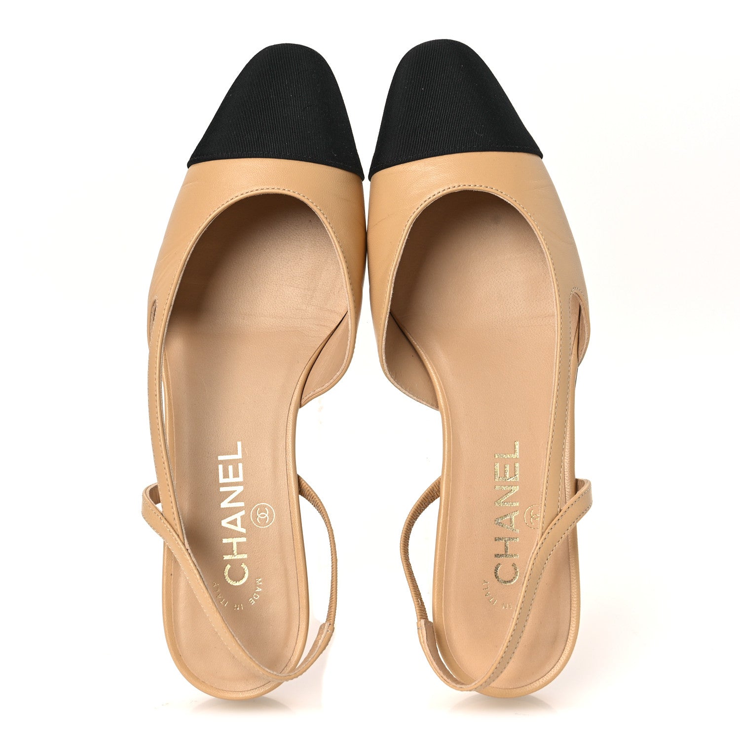 Chanel Goatskin Grosgrain Cap Toe CC Slingback Sandals 38.5 Beige Black 2 of 11