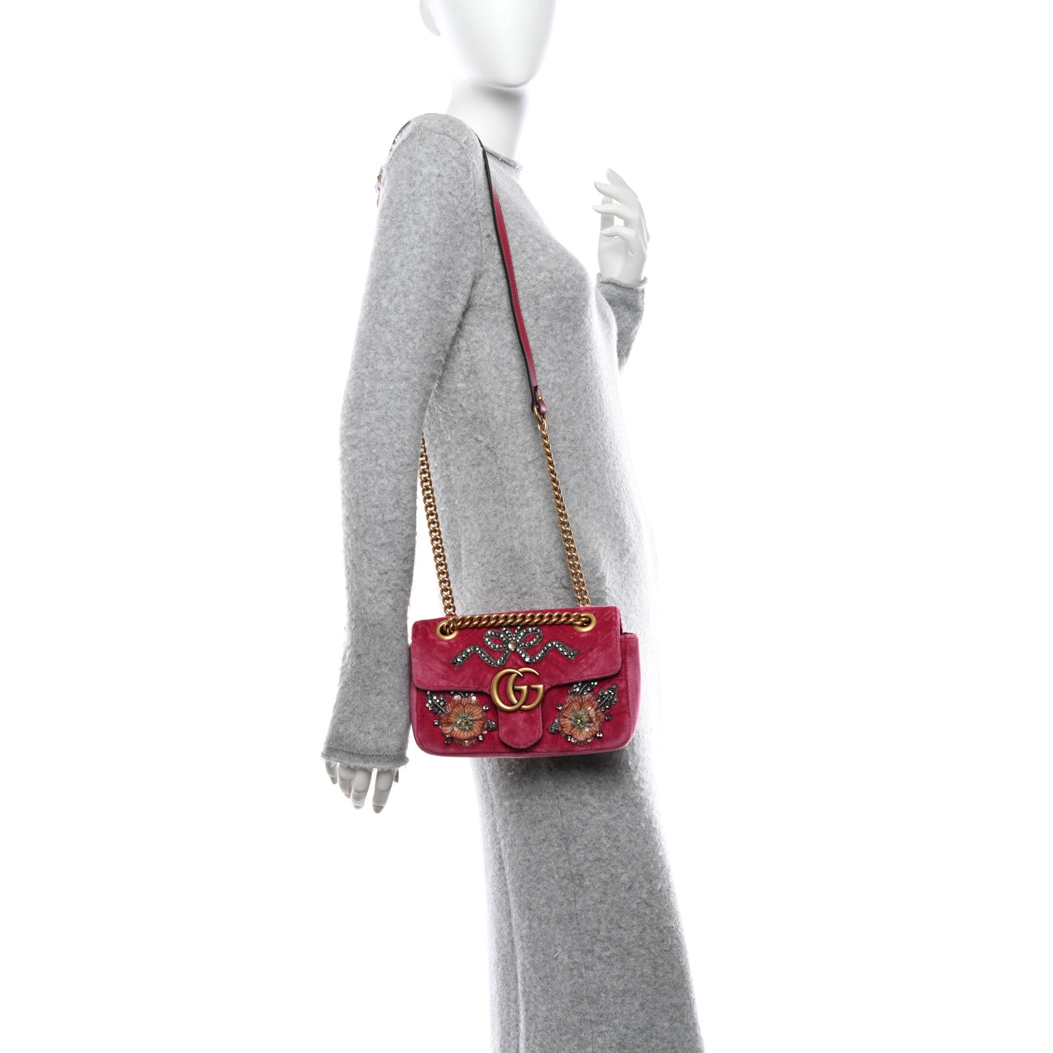 Gucci Velvet Matelasse Embroidered Mini GG Marmont Shoulder Bag Light Raspberry Rose 2 of 16
