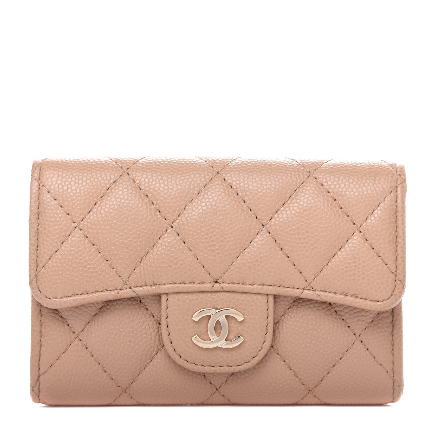 Caviar Quilted Flap Card Holder Wallet Beige