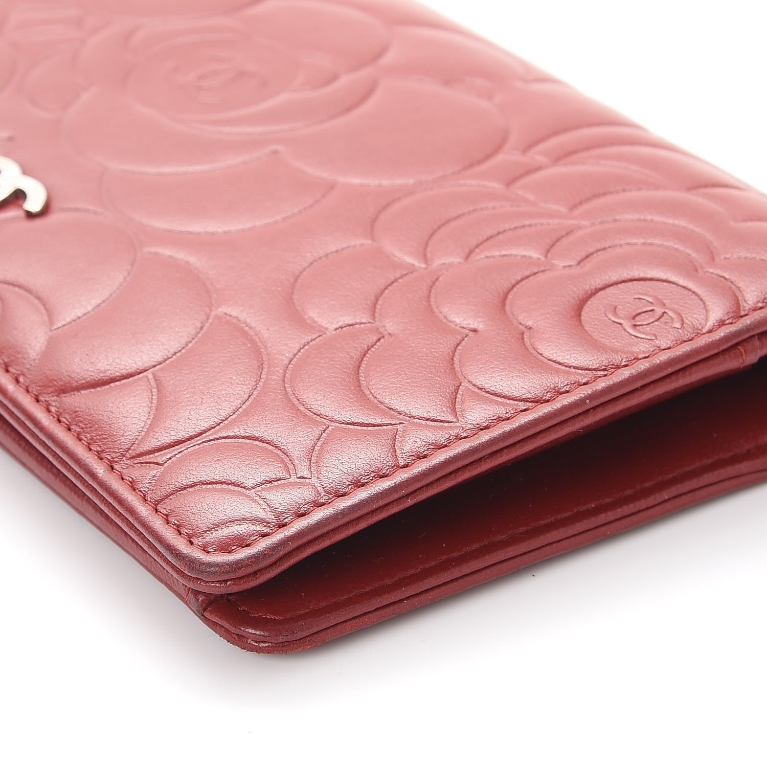 Chanel Lambskin Camellia Embossed Yen Wallet Dark Red 12 of 13