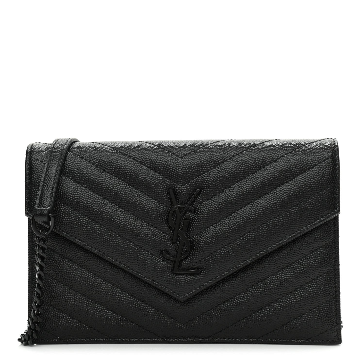 Saint Laurent Grain De Poudre Matelasse Chevron Monogram Monochrome Envelope Chain Wallet Black 1 of 7
