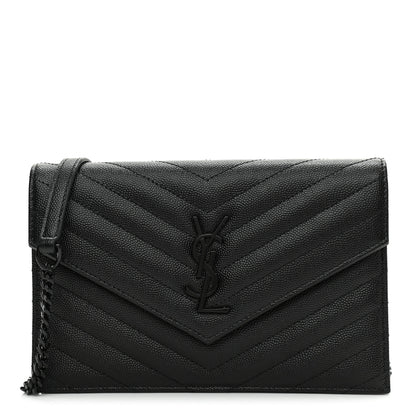 Saint Laurent Grain De Poudre Matelasse Chevron Monogram Monochrome Envelope Chain Wallet Black 1 of 7
