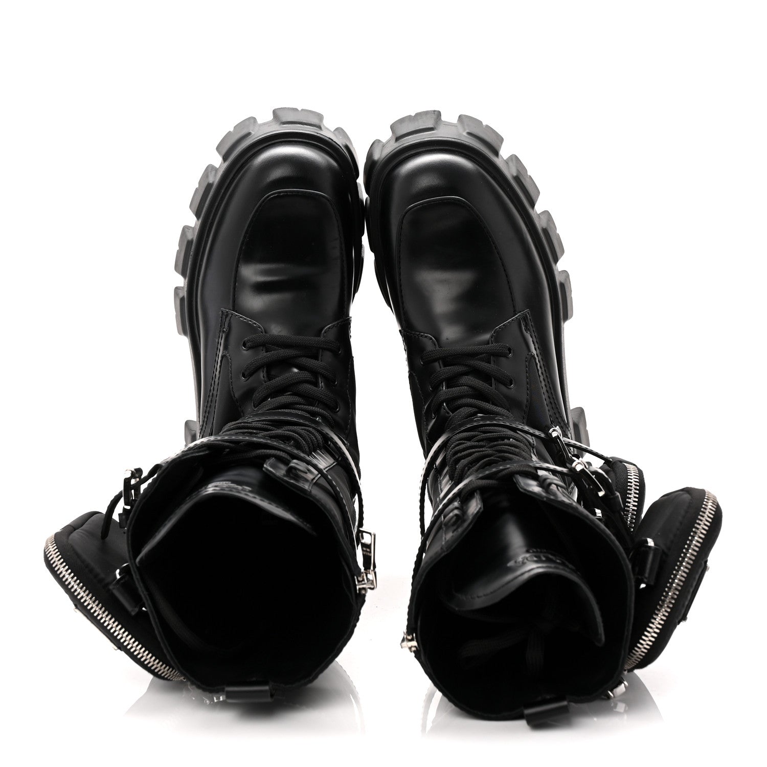 Prada Spazzolato Rois Re-Nylon Metal Triangle Logo Monolith Pouch Pocket 55mm Tall Combat Boots 39 Black 5 of 9