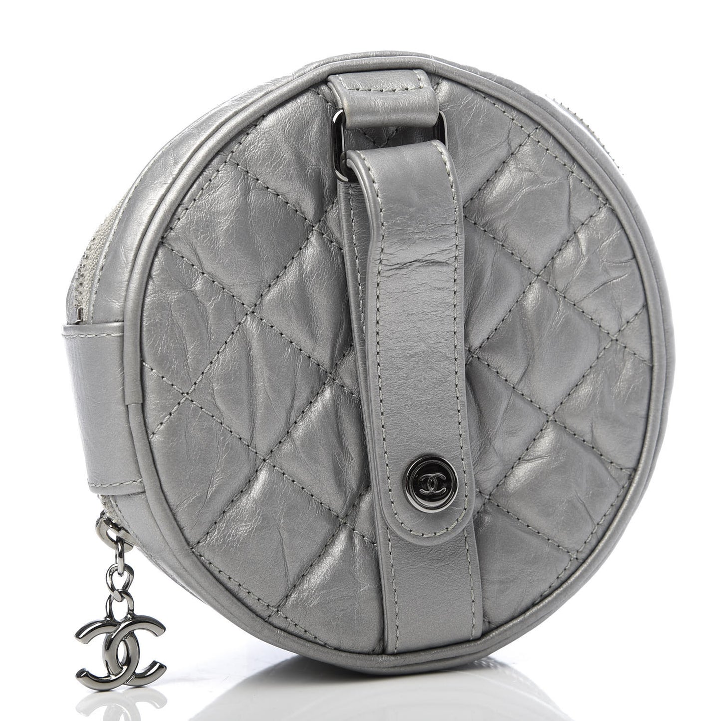 Metallic Aged Calfskin Quilted Round Bag Silver