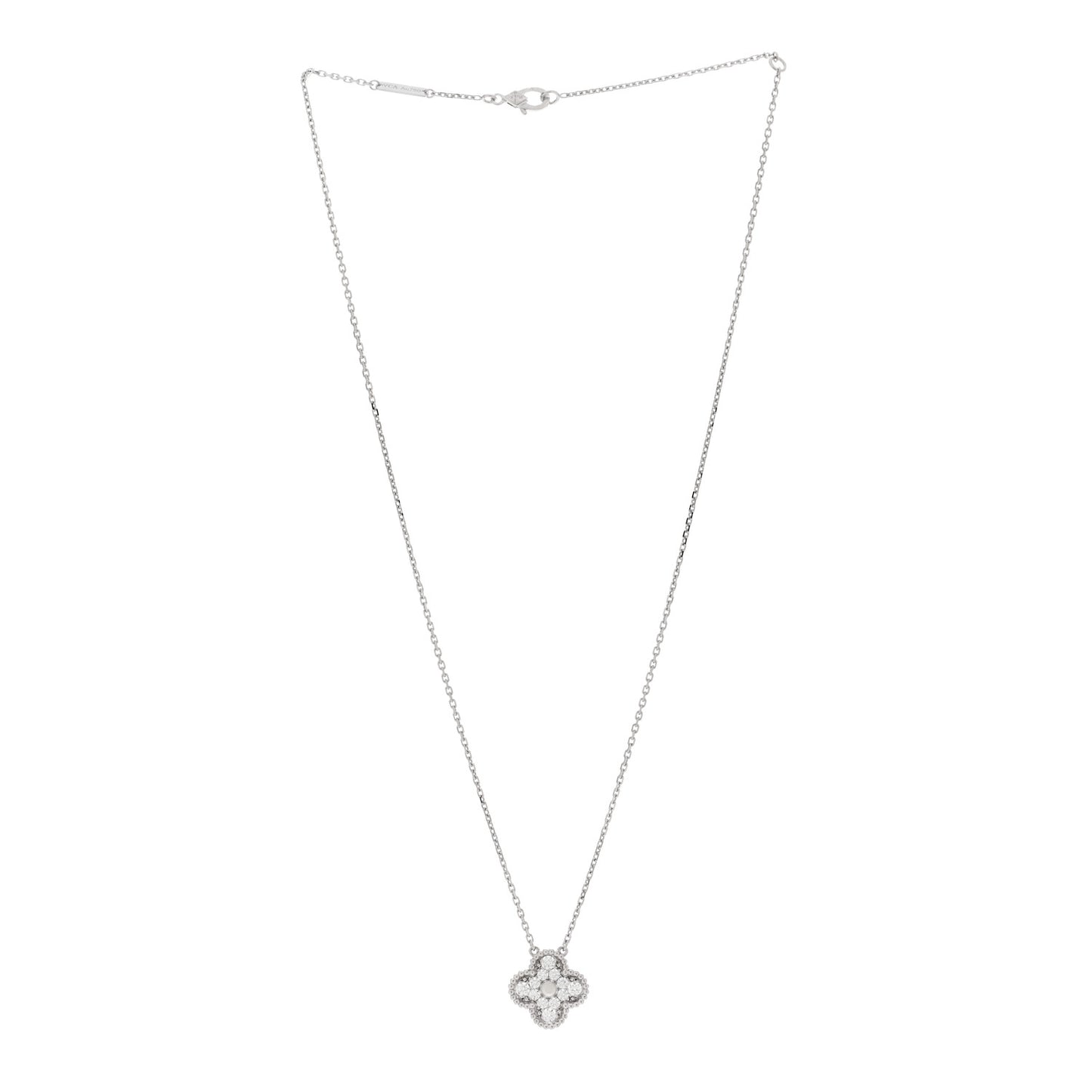 18K White Gold Diamond Vintage Alhambra Pendant Necklace