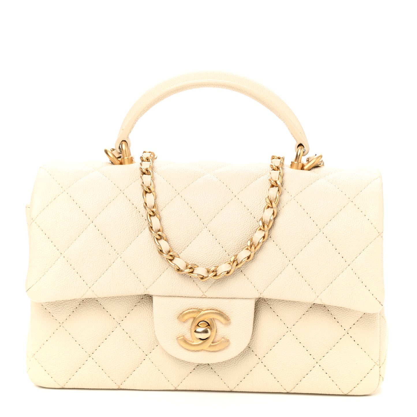 Caviar Quilted Mini Top Handle Rectangular Flap Beige