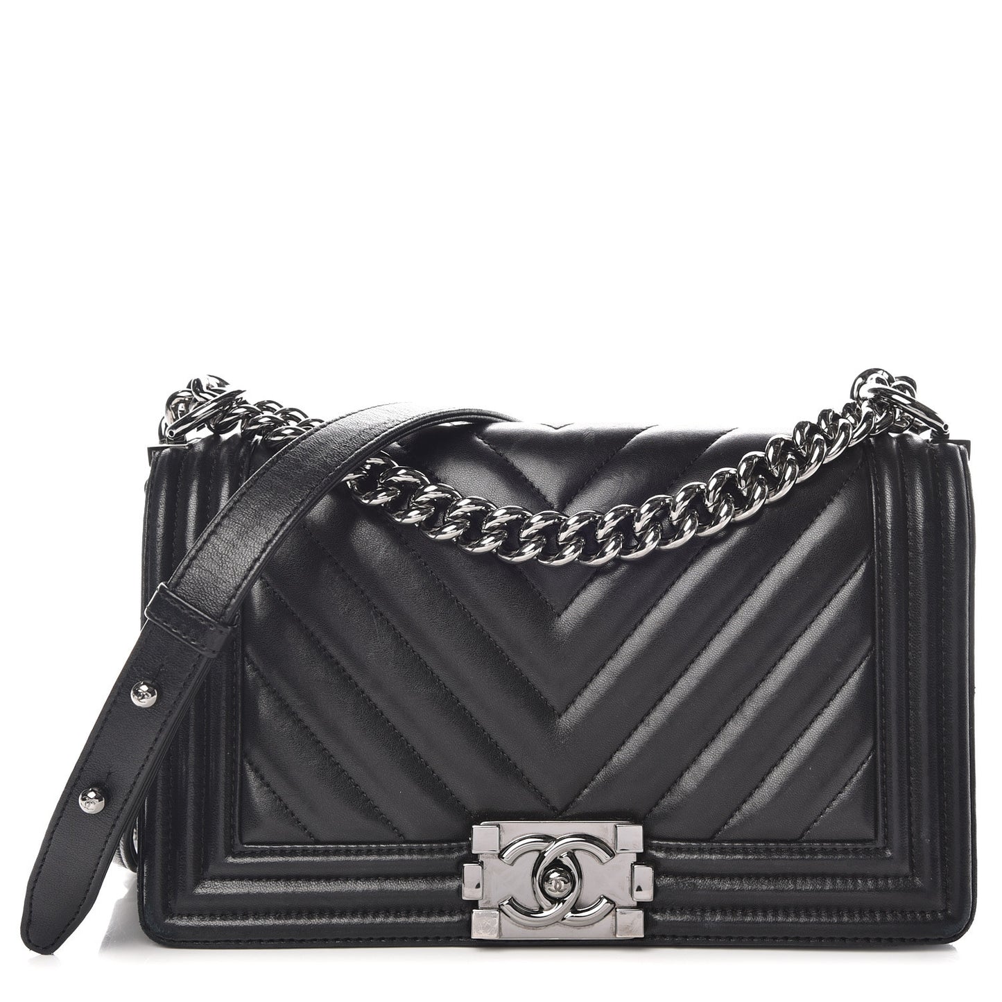 Calfskin Chevron Quilted Medium Boy Flap Black