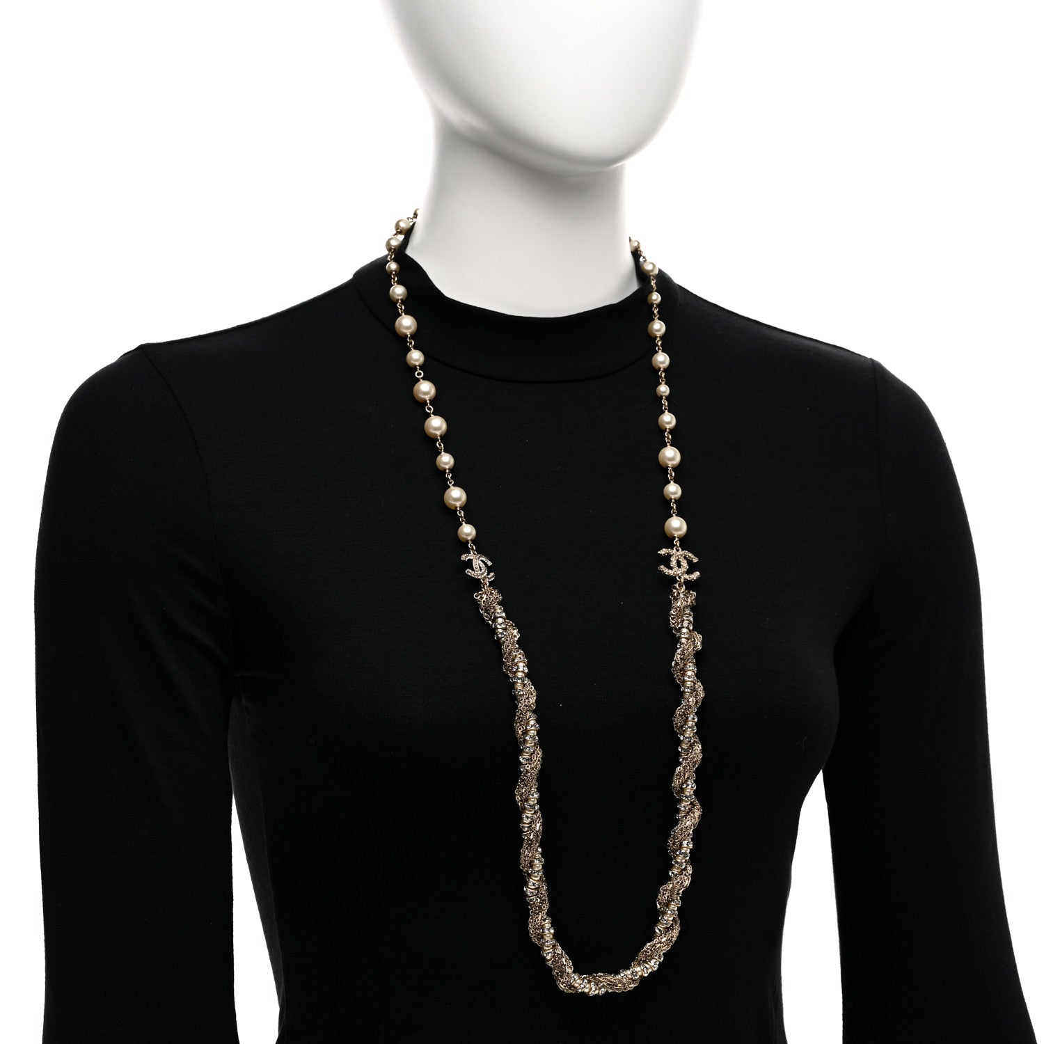 Chanel Pearl Crystal CC Braided Chain Long Necklace Light Gold 2 of 5