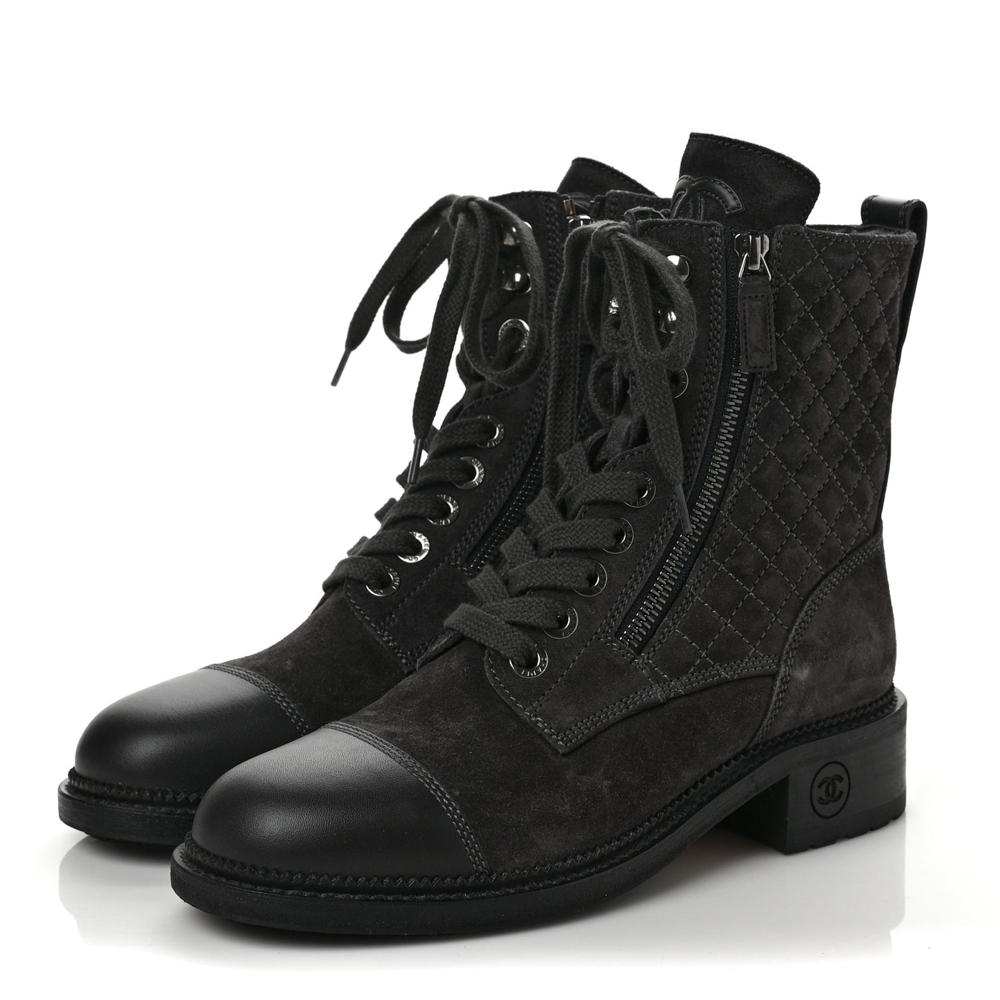 Suede Quilted CC Lace Up Combat Boots 38 Grey