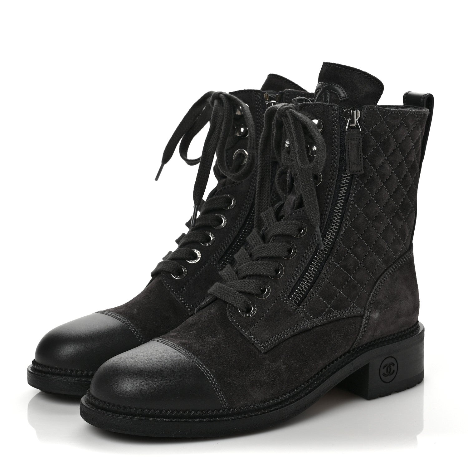 Chanel Suede Quilted CC Lace Up Combat Boots 38 Grey 3 of 6