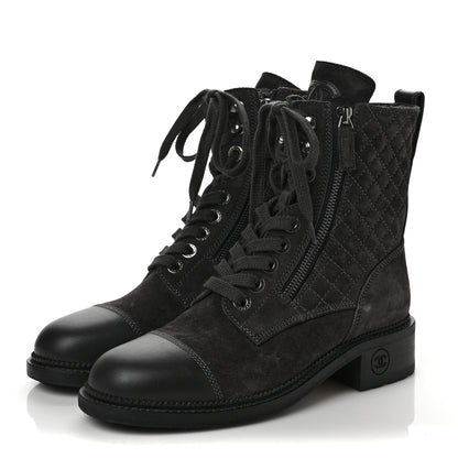 Chanel Suede Quilted CC Lace Up Combat Boots 38 Grey 3 of 6