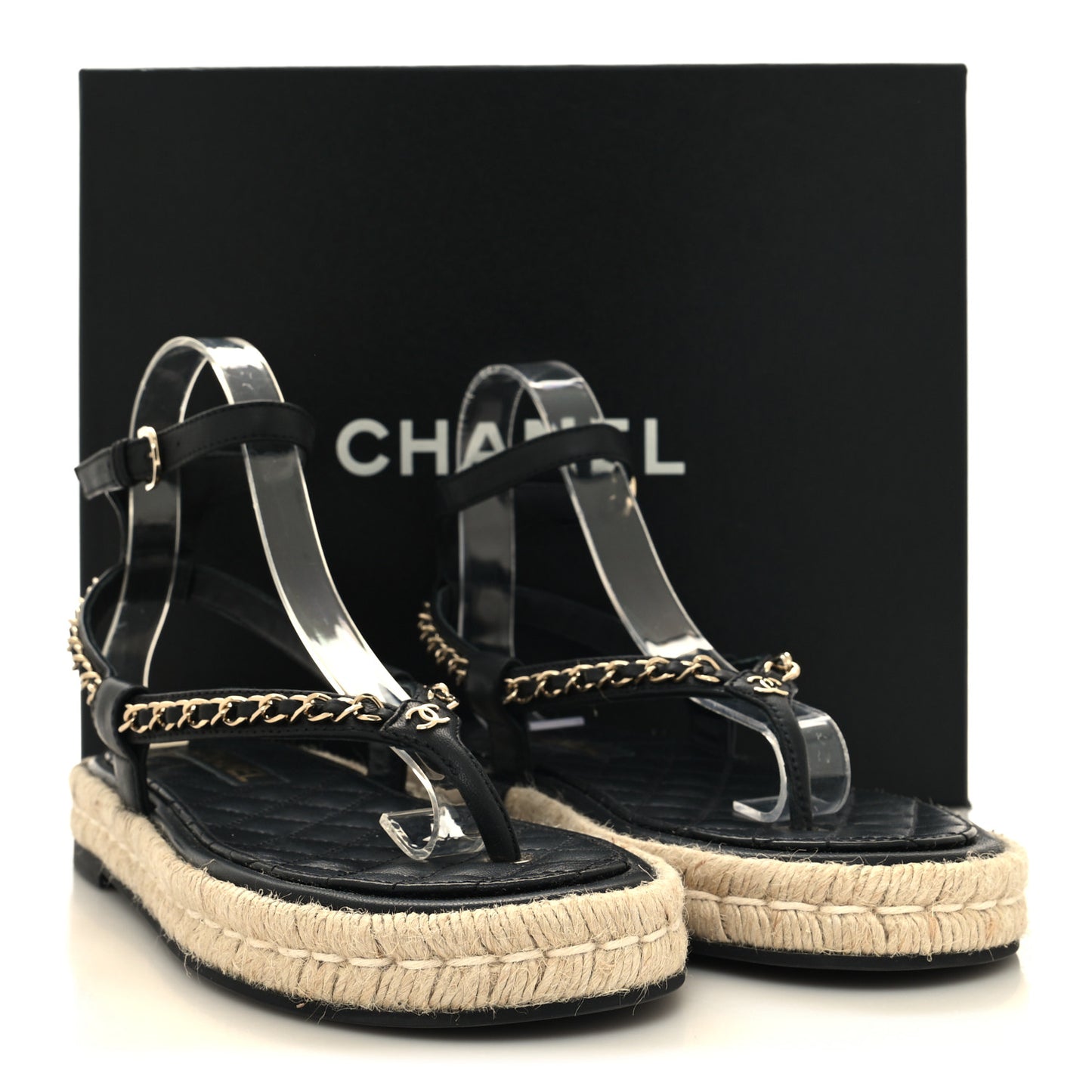 Lambskin Chain CC Thong Espadrille Sandals 39 Black