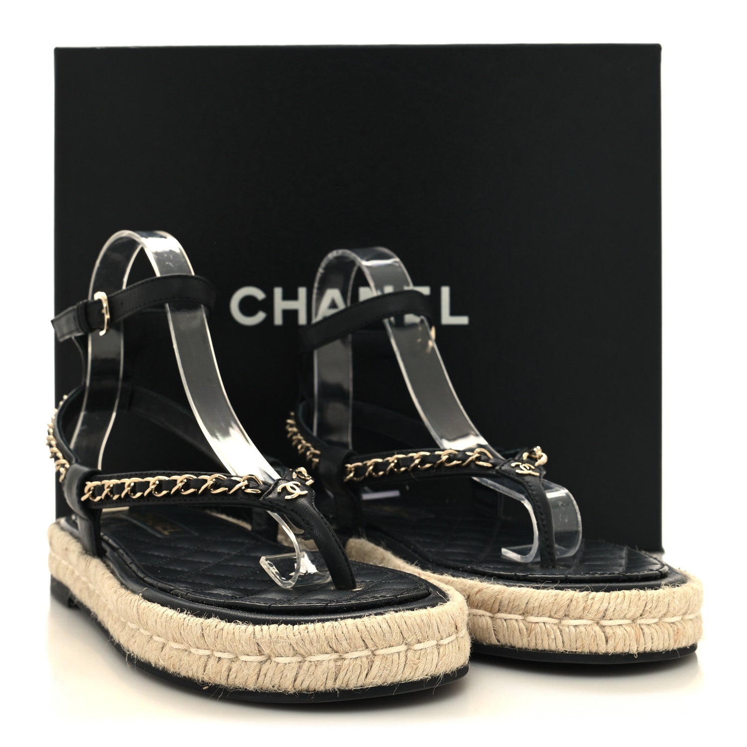 Chanel Lambskin Chain CC Thong Espadrille Sandals 39 Black 2 of 9