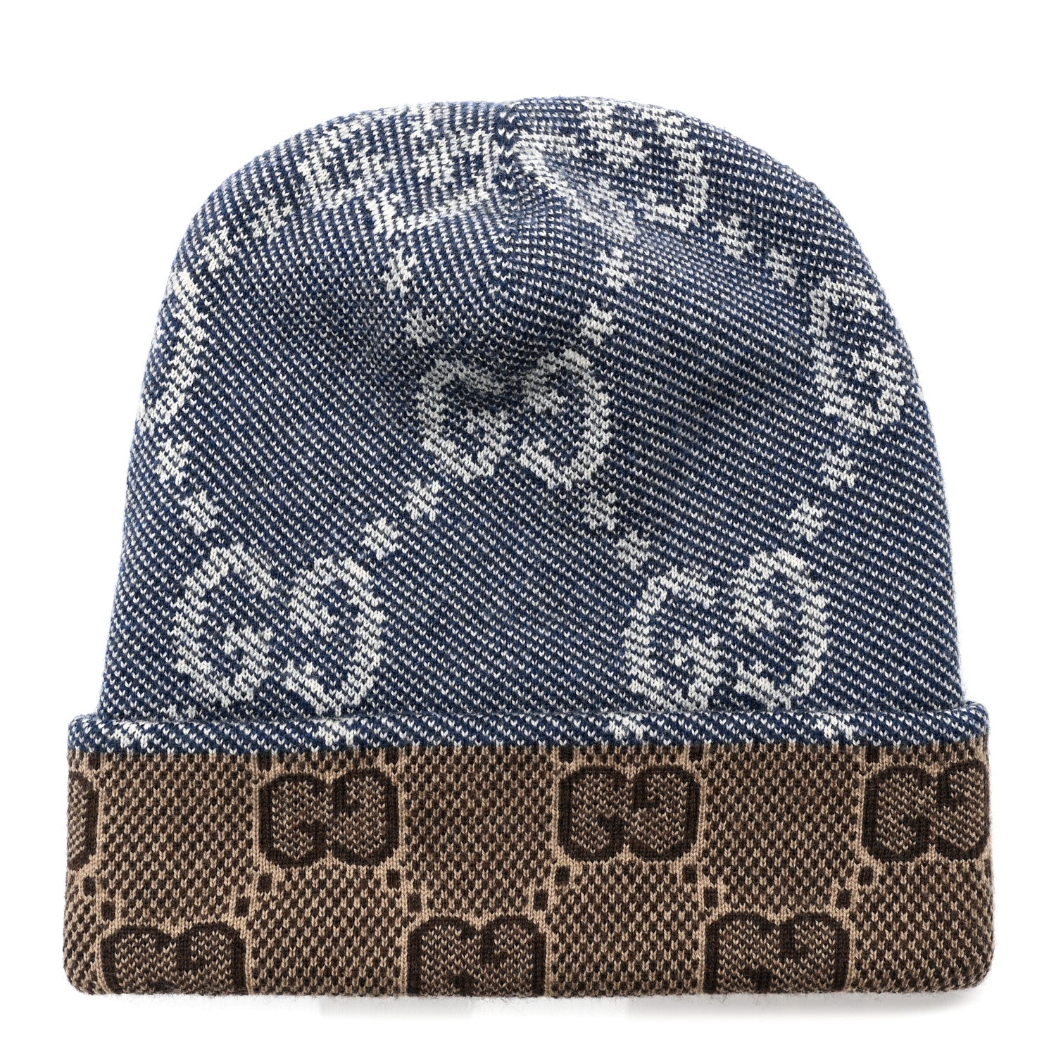 Gucci Wool Monogram Doubly G Beanie Hat M Blue Brown 1 of 5