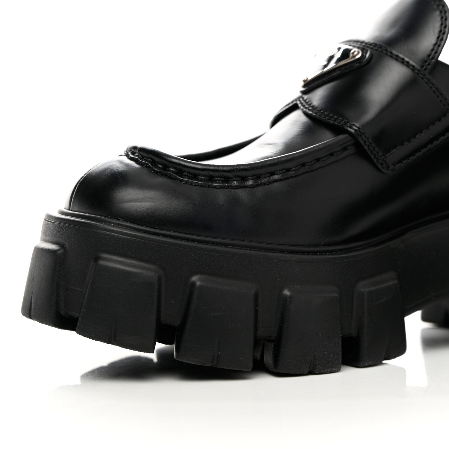 Prada Spazzolato Rois Metal Triangle Logo Monolith 55mm Loafers 37.5 Black 10 of 14