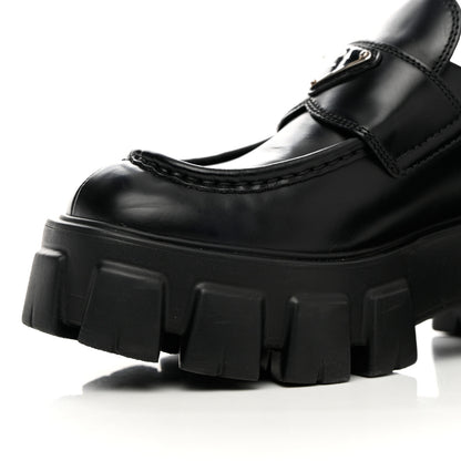 Prada Spazzolato Rois Metal Triangle Logo Monolith 55mm Loafers 37.5 Black 10 of 14