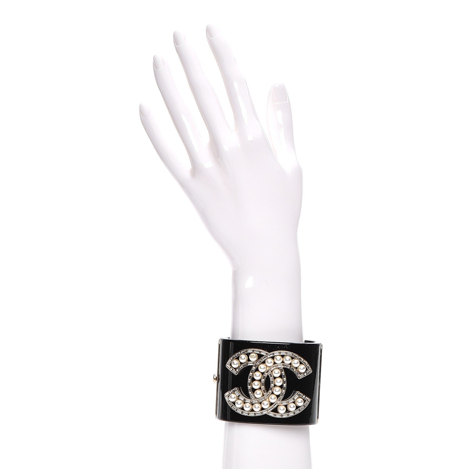 Chanel Resin Pearl Crystal CC Cuff Black 2 of 6