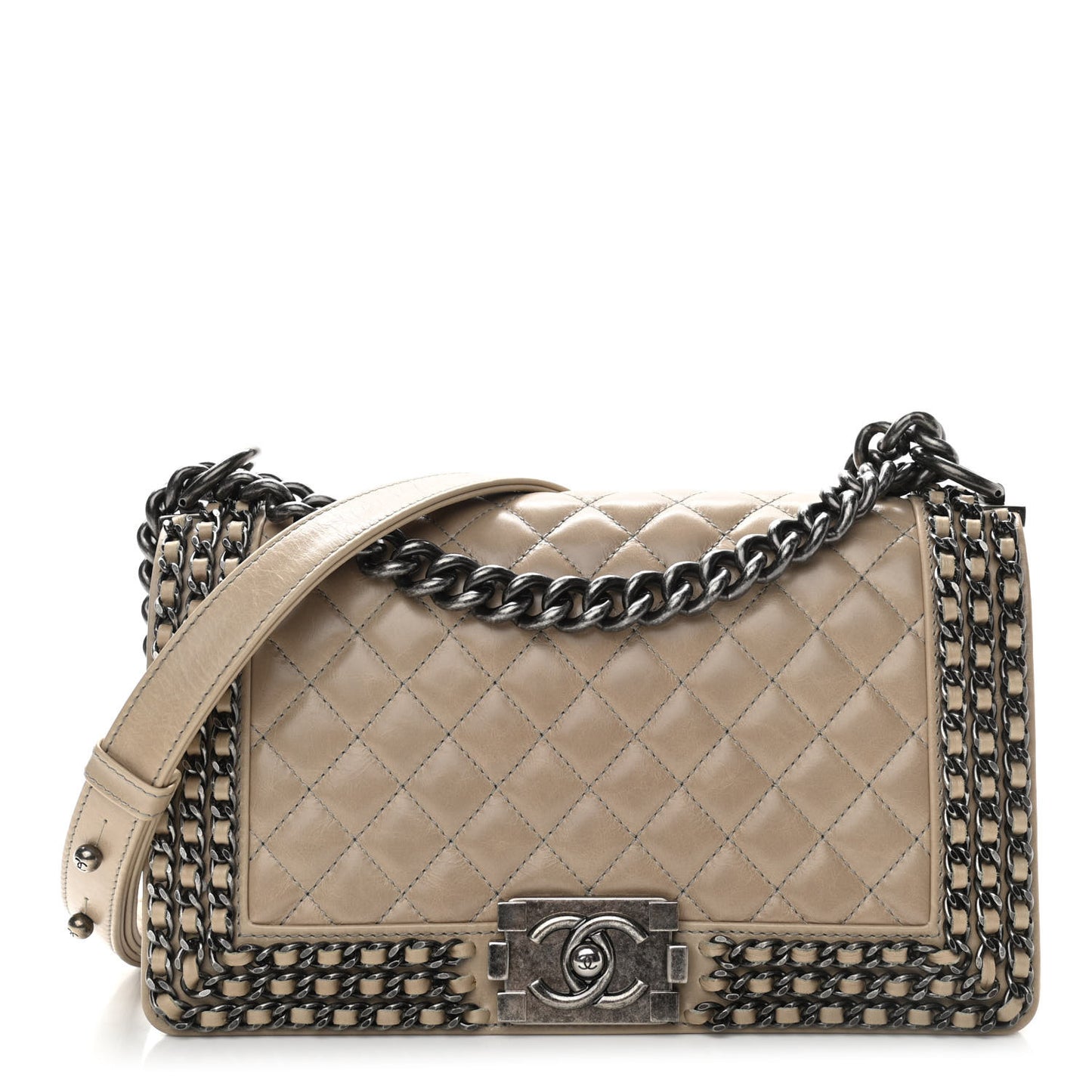 Glazed Calfskin Quilted Medium Boy Chained Flap Beige