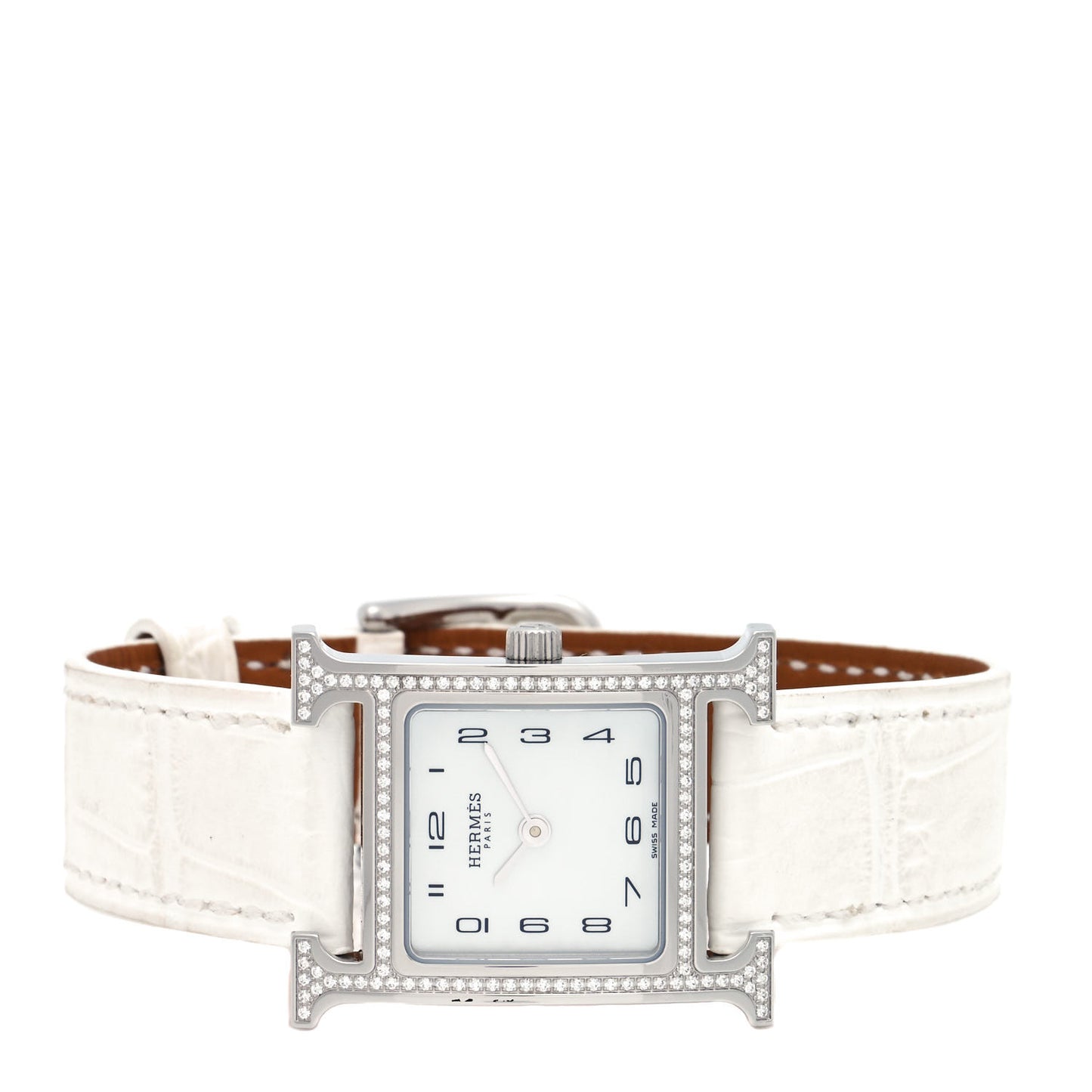 Stainless Steel Alligator Diamond Bezel Mother of Pearl 21mm Heure H Hour Quartz Watch Blanc