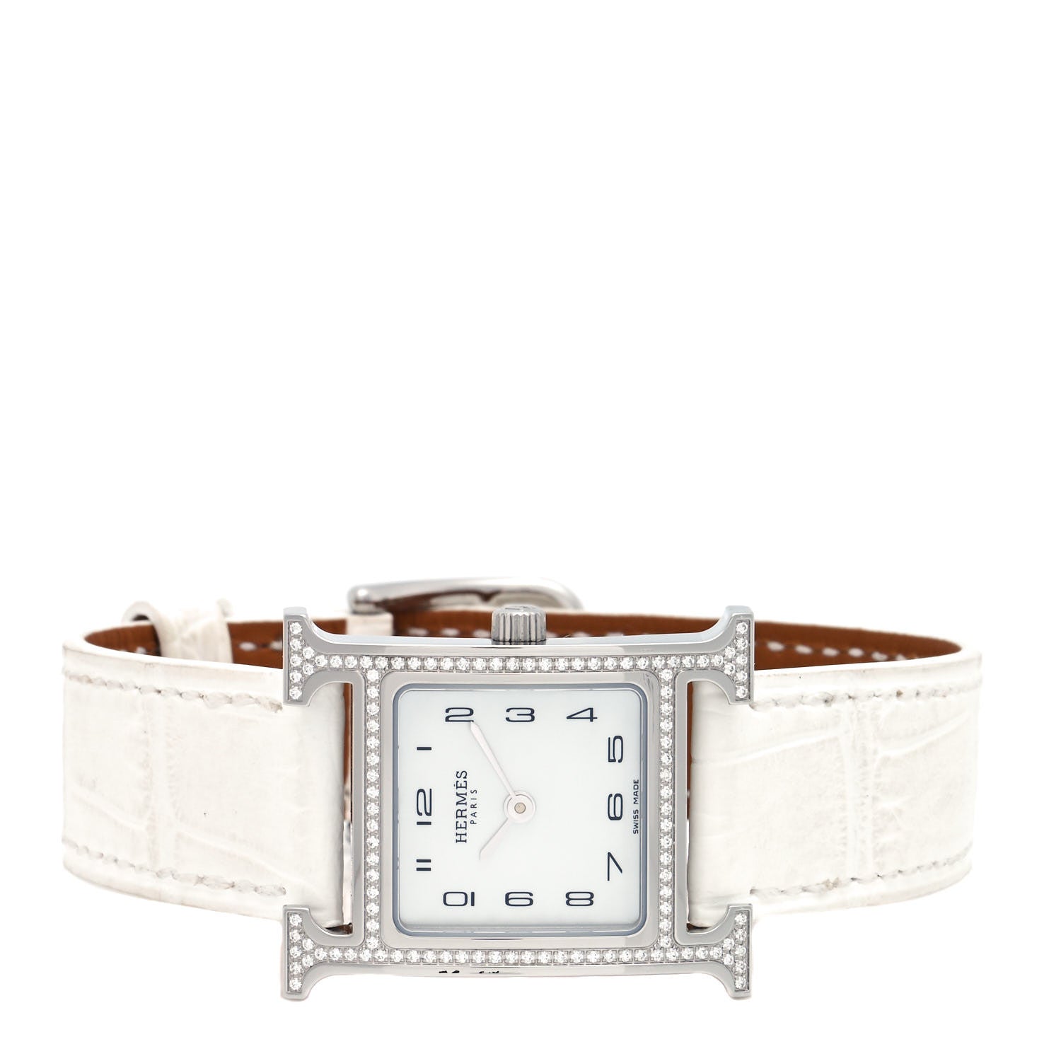 Hermes Stainless Steel Alligator Diamond Bezel Mother of Pearl 21mm Heure H Hour Quartz Watch Blanc 2 of 5