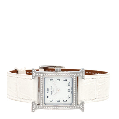 Hermes Stainless Steel Alligator Diamond Bezel Mother of Pearl 21mm Heure H Hour Quartz Watch Blanc 2 of 5