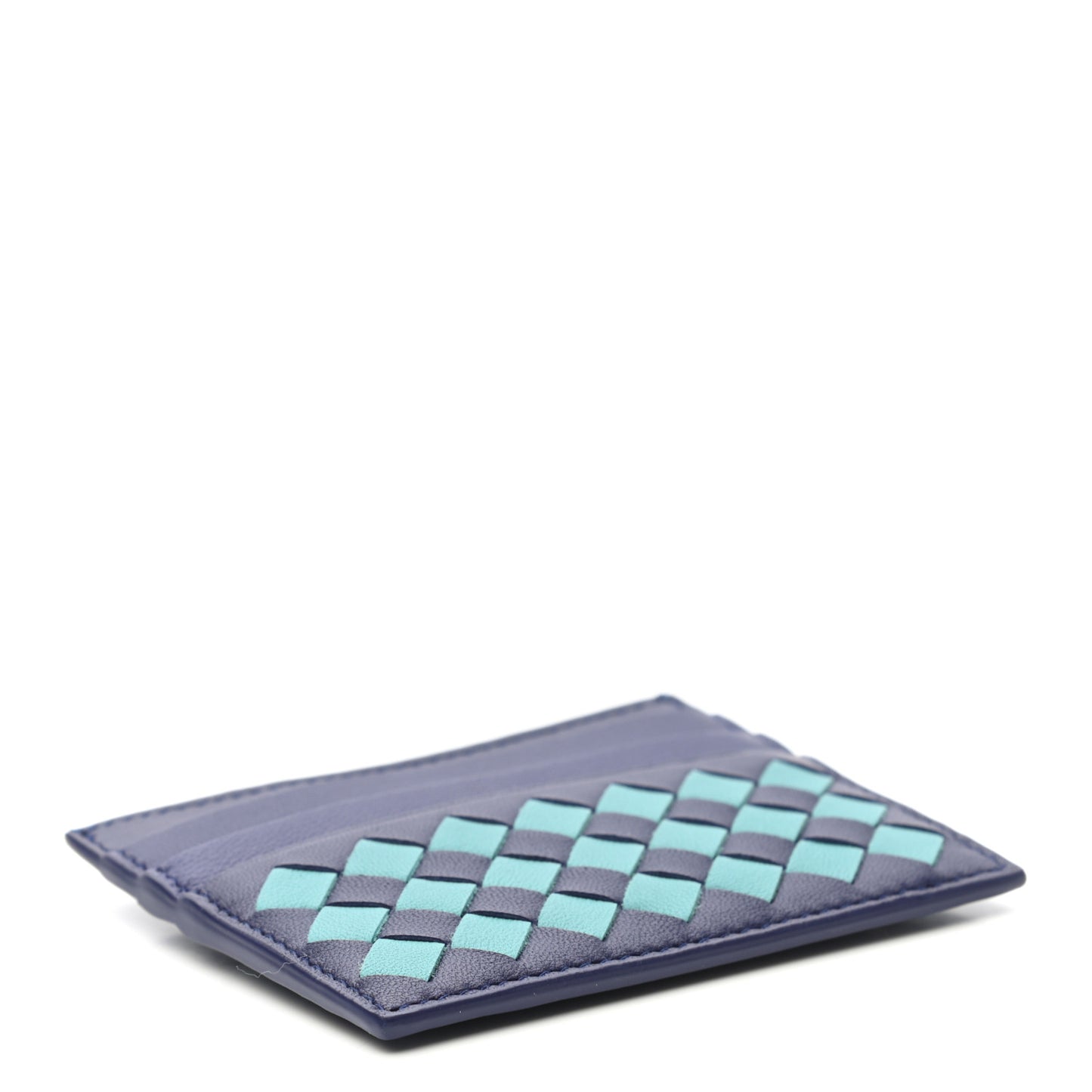 Nappa Intrecciato Woven Bi-Color Card Holder Blue Aqua