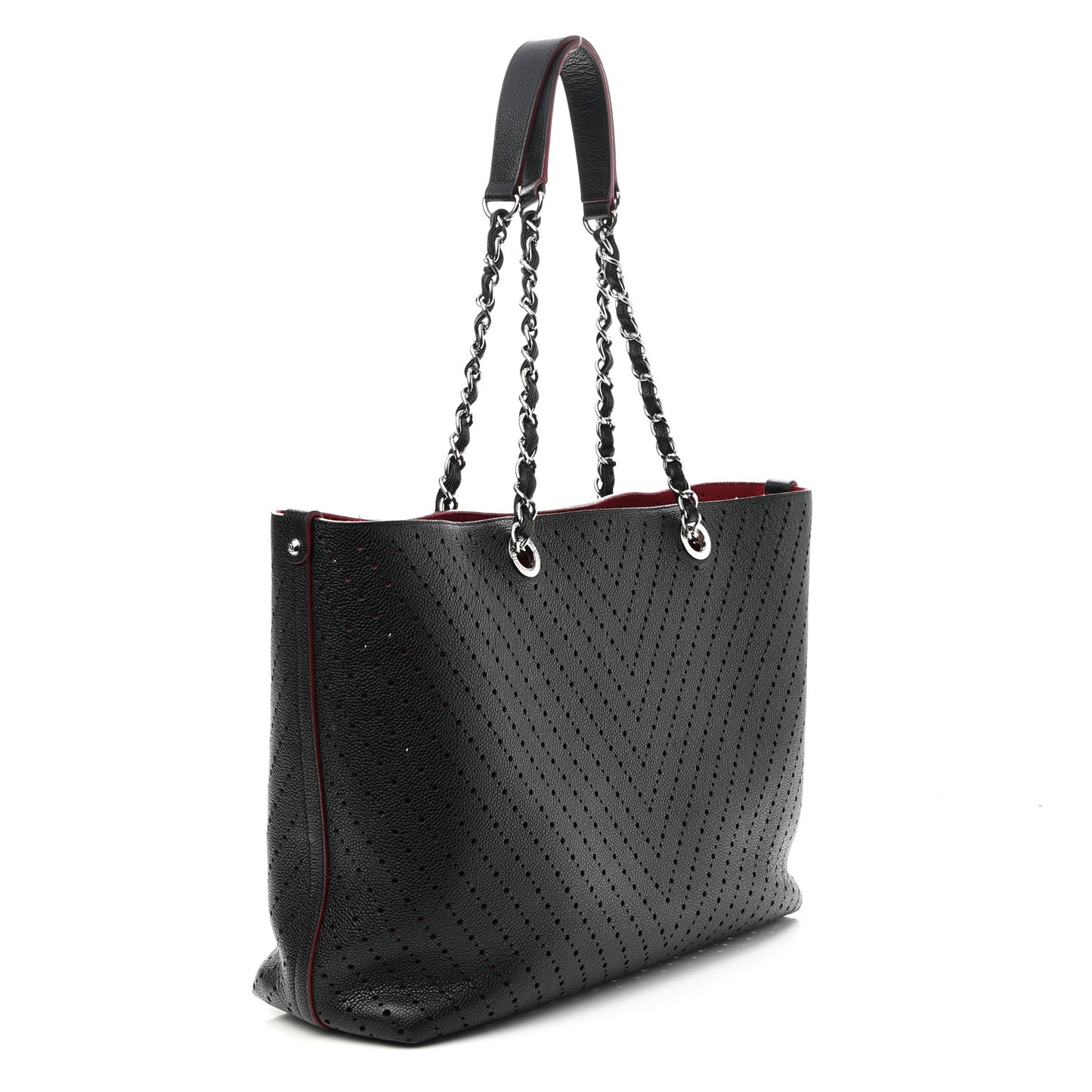 Perforated Grained Calfskin Large Shopping Tote Black