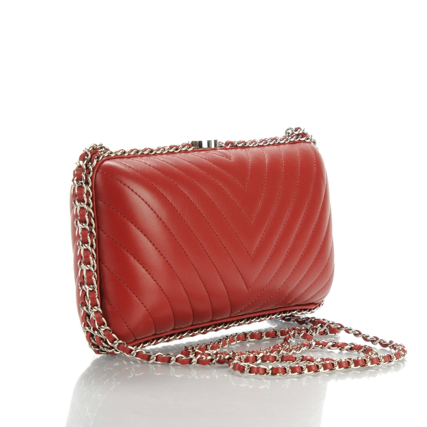 Lambskin Chevron Quilted Chain Around Clutch Dark Red
