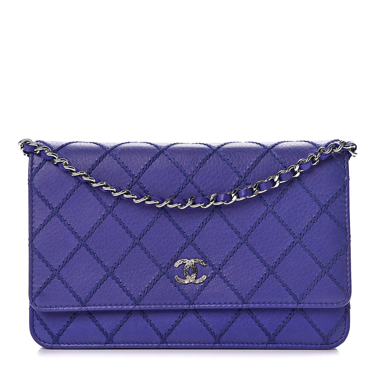 Calfskin Quilted Fancy CC Wallet On Chain WOC Blue