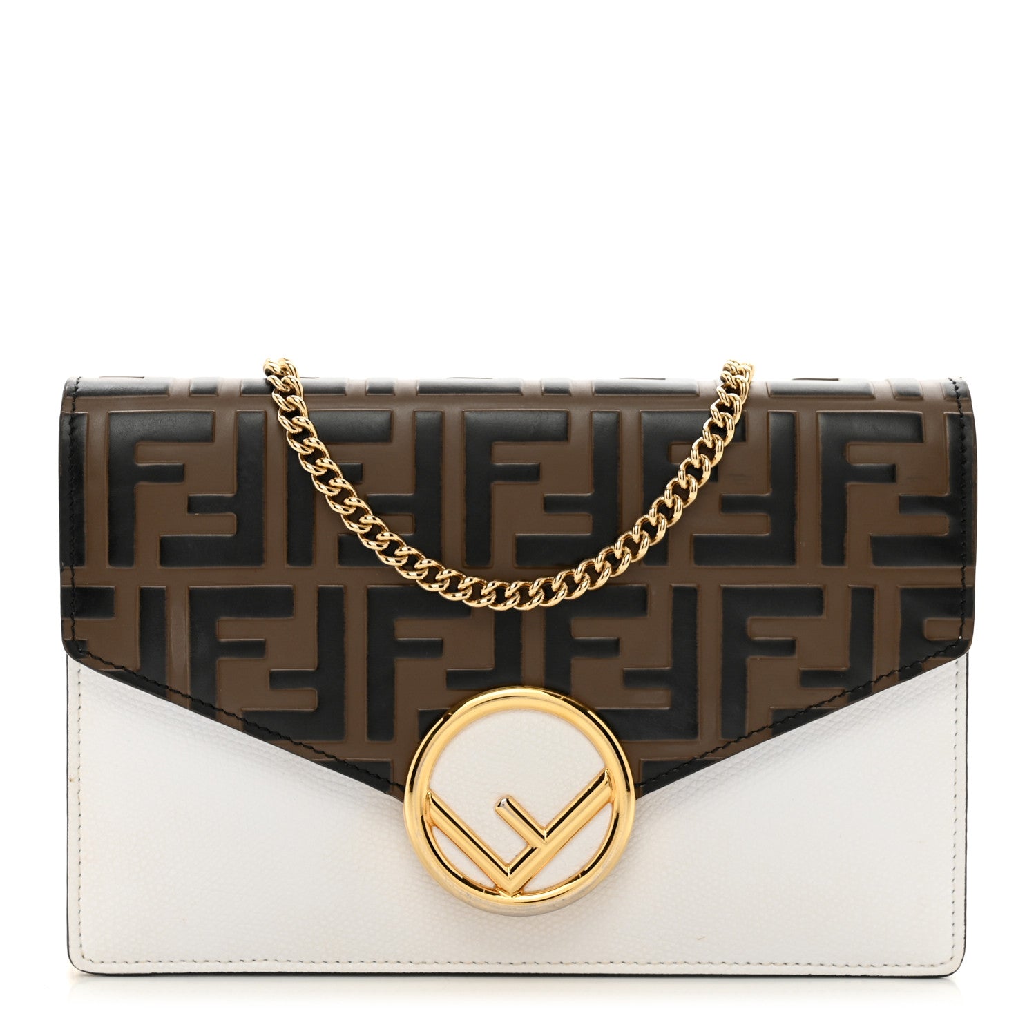 Fendi Vitello Cruise F is Fendi FF 1974 Embossed Medium Envelope Wallet On Chain Optical White Maya Black 1 of 11