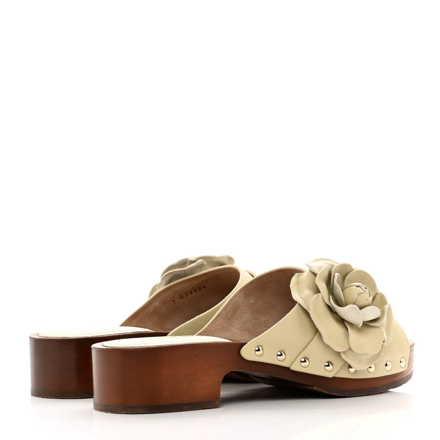 Calfskin Camellia Clogs 39 Light Beige