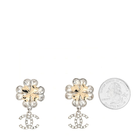 Crystal CC Clover Drop Earrings Silver Gold